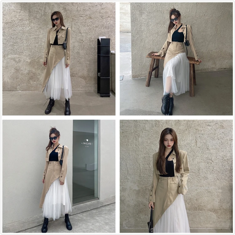 

Autumn Winter Clothes For Women Streetwear Two Piece Set Women Full Sleebe Short Jacket Irregular Mesh Patchwork Skirts SL507