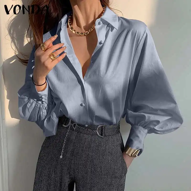 

Женская Офисная Дамская блузка, повседневные однотонные Топы 2022 VONDA, сексуальные праздвечерние чные топы с отложным воротником, блузка, Жен...