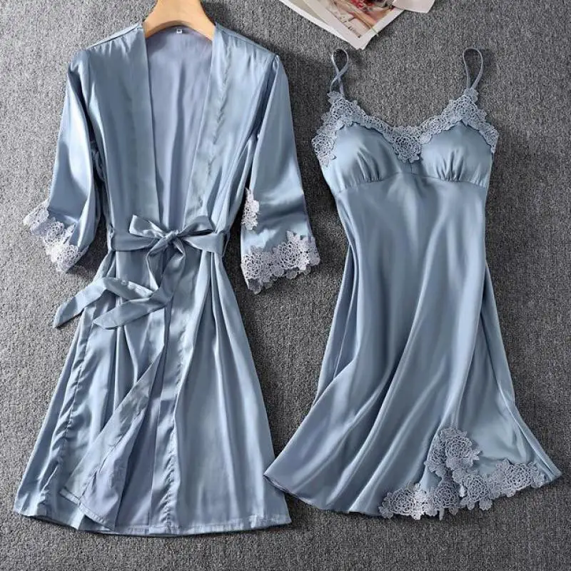 

Kimono Robe Gown Appliques Women Sexy Sleepwear Nightdress Casual Satin 2PCS Nighty&Bathrobe Suit Intimate Lingerie Nightgown