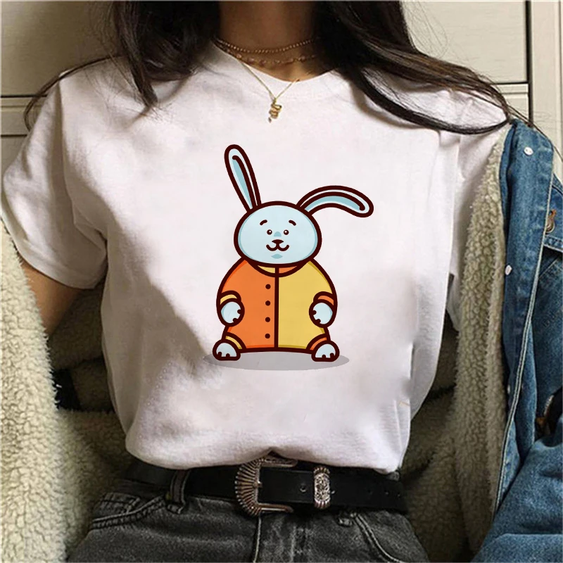 

Cartoon Rabbits Tshirt Short Sleeve Tops Tee Women Summer Casual O-neck Tee Shirts Female Graphic T-shirts White Tees Tops