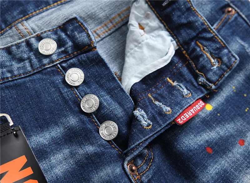 DSQUARED2 Brand Mens Slim Elastic Jeans Fashion Hip Hop Stretch Damage Hole  Patchwork Pants