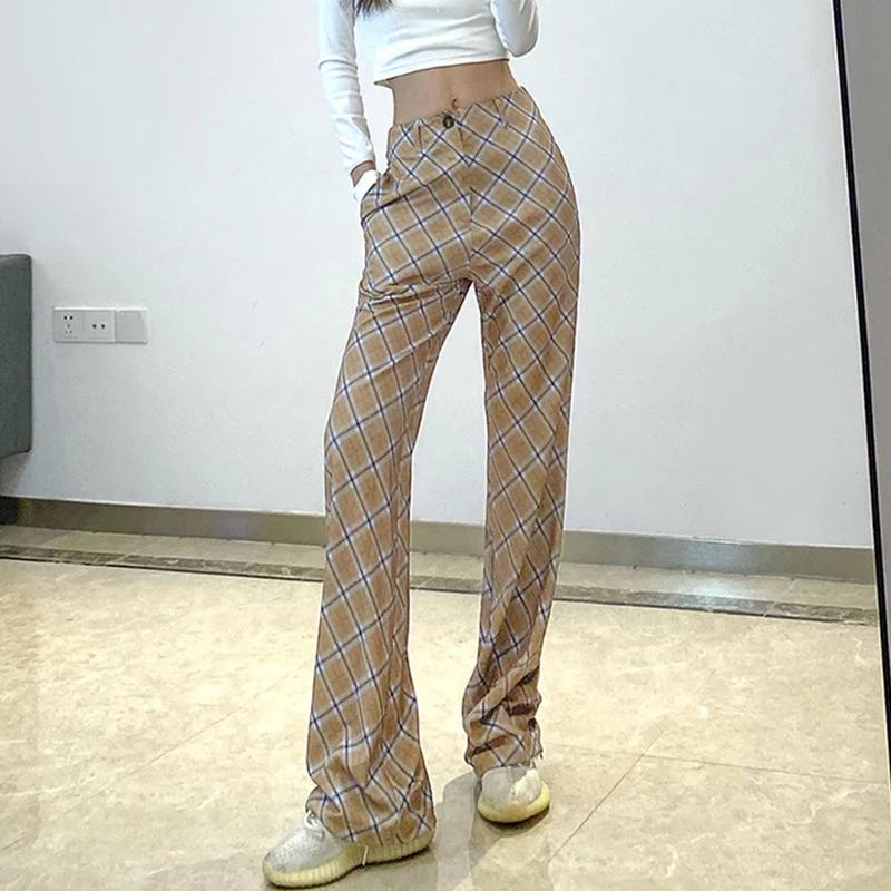 

Khaki Plaid Pants Women Vintage Wide Leg Pants Korean Style Hippie Checked High Waist Formal Straight Ankle-Length Trousers