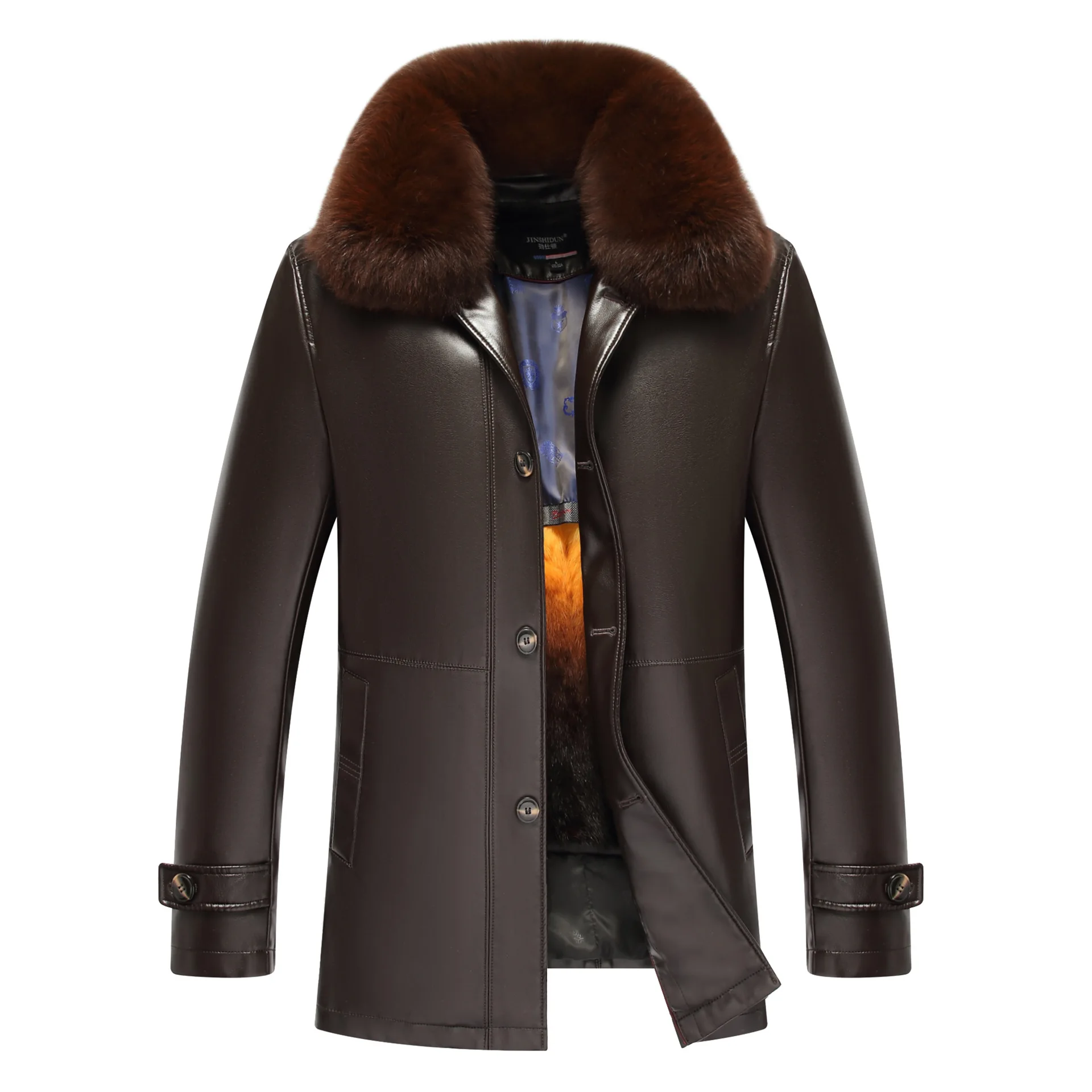 

Mens Fashion Winter Genuine Fur Leather Jacket Real Fur Coat Windbreaker Warm Thickening Outerwear Snow Shearling Jackets Brown