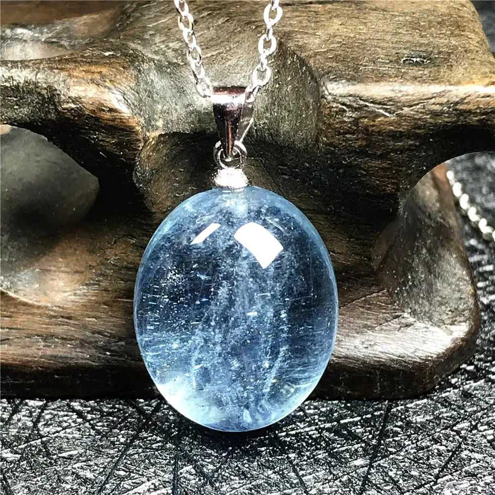 Pendant Necklace Natural Ocean Blue Aquamarine Jewelry For Woman Lady Man Silver Chains Crystal 19x14x9mm Beads Oval Stone AAAAA | Украшения