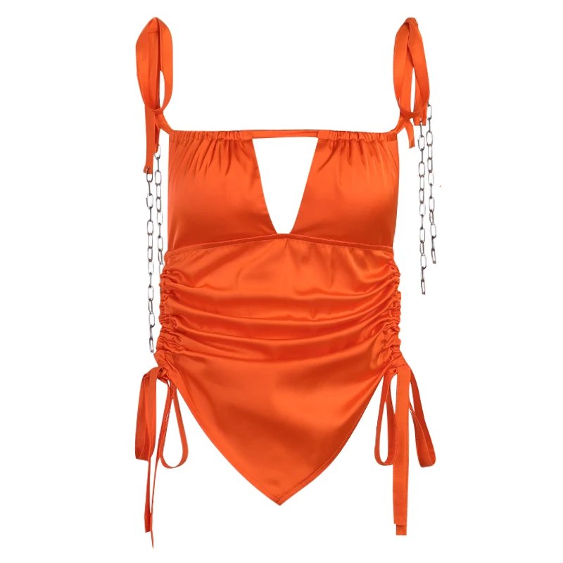 

InstaHot Silk Aysmmteric Camis Bandage Backless Sexy Women 2021 Fashion Casual Party Drawstring Hollow Out Camisole Ruched Top