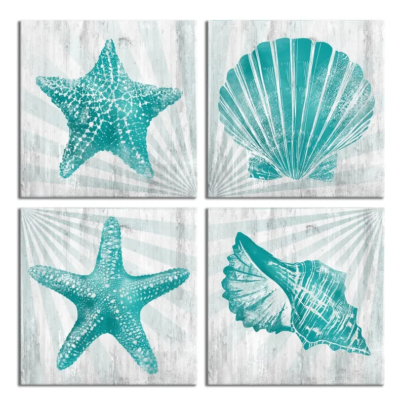 

Nautical Theme Wall Decor Poster Starfish and Shells Canvas Painting Navy Abstract Picture Poster Boy Room Home Decor Art