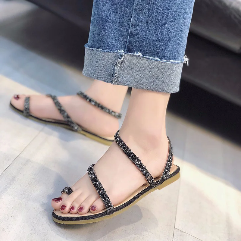 Сандалии женские с ремешком на пятке модные босоножки в римском стиле плоской