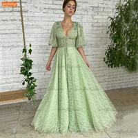 sage green lace prom dress 2021 v neck vestidos de fiesta largos elegantes de gala a line half sleeves robe de soir%c3%a9e de mariage