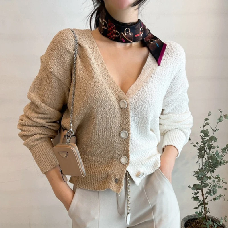 

Корейский шикарный вязаный однобортный Кардиган с V-образным вырезом и длинными рукавами