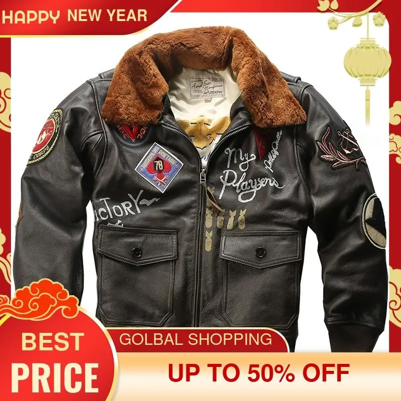 

2021 Brown Men Military Style G1 Pilot Leather Jacket Plus Size XXXL Genuine Cowhide Natural Winter Military Style Aviation Coat