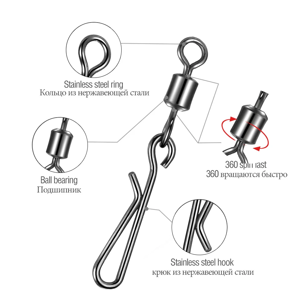 50PCS/Fishing Barrel Bearing Swivel Stainless Steel Hanging pin Ring Connector Fishhooks with Interlock Snap Hook for Fishing