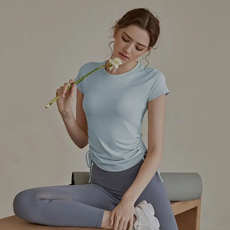 

Spring Summer Woman T-Shirts Yoga Drawstring Thin Tight-Fitting Clothes Short-Sleeved Professional Running Fitness Sports Tops