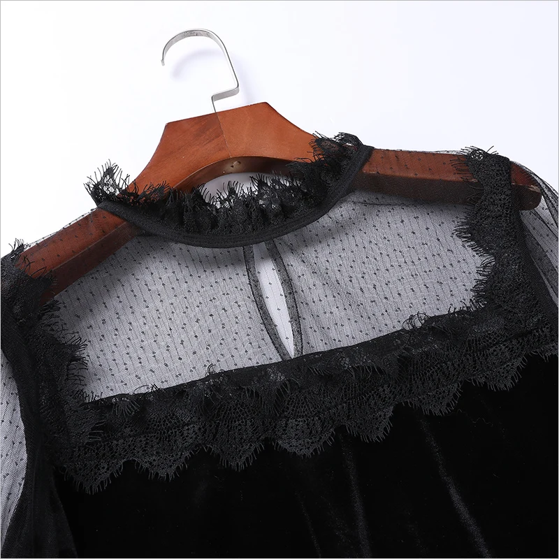 

CINESSD winter and Autumn Lace velvet Blouse Women 2019 Autumn Fashion Long Sleeve Shirt black Blouse Slim Casual Tops Female
