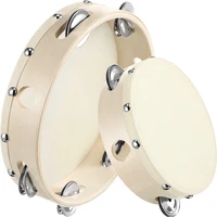 2 pieces6 inch and 8 inch wood handheld tambourine with jingle bells