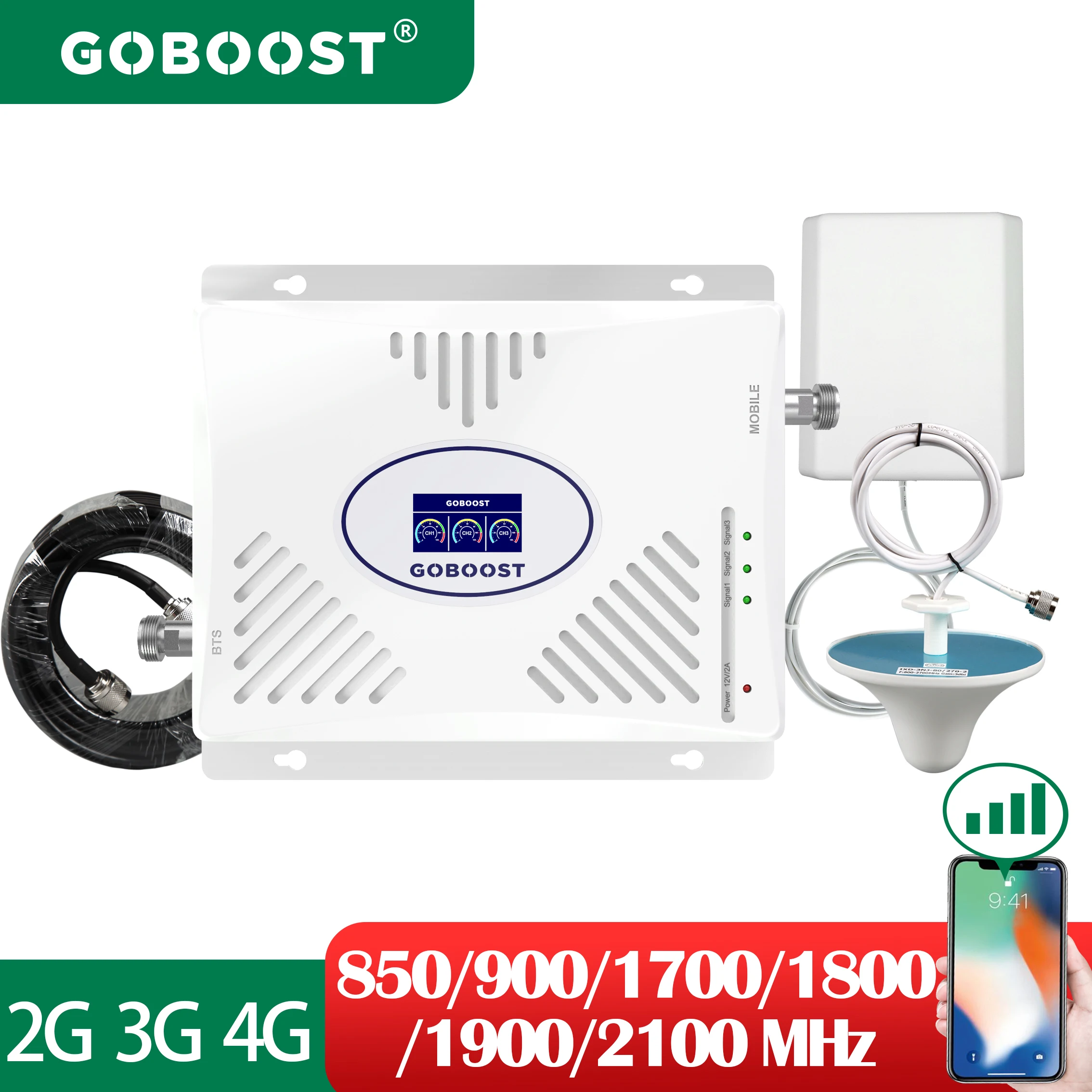 Усилитель сотового сигнала GOBOOST 3G 4G трехдиапазонный 900 1700 1900 1800 2100 МГц