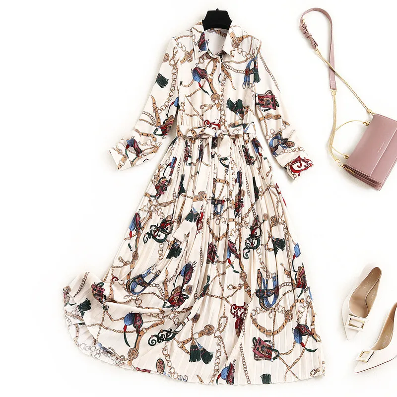 

2021 Fashion Spring Woman Clothes Runway Long Sleeve Geometric Print Shirt Dress Casual Vintage Midi Festa Female Vestidos