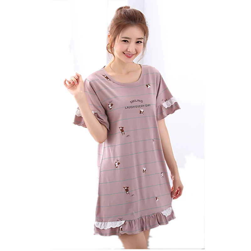 

2022 Autumn Loose Cotton Nightgown Female Cartoon Lovely Home Sleepwear Pyjamas Short Sleeve Sexy Lingerie Nightdress AB087