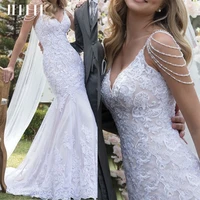 jeheth vintage lace appliques tulle mermaid wedding dress 2022 beaded v neck spaghetti straps bride gown vestido de noiva sirena
