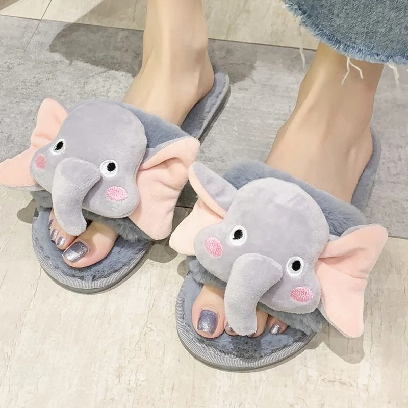 Indoor Winter Women Fur Slippers Cute Cartoon Animal Elephant Funny Girls Furry Slipeprs Bedroom Flats Ladies Shoes | Обувь