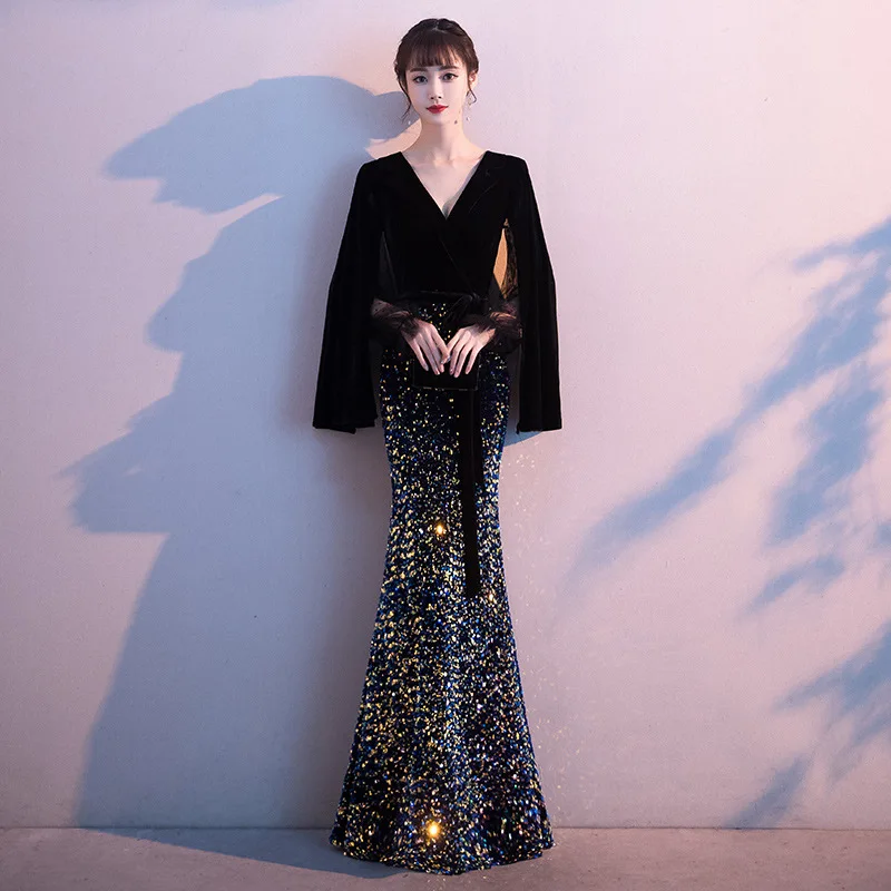 

Женское вечернее платье-русалка, сексуальное платье с длинным рукавом и блестками, бальное платье для свадьбы, торжества, вечеринки, чонсам