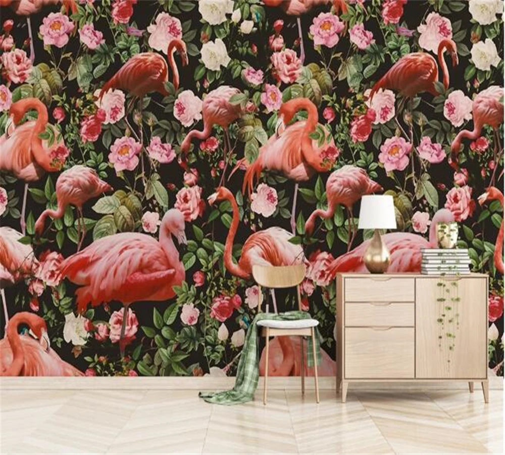 

Обои на заказ 3D росписи средневековая ручная роспись Фламинго Роза бесшовная мозаика фон Настенная роспись papel де parede