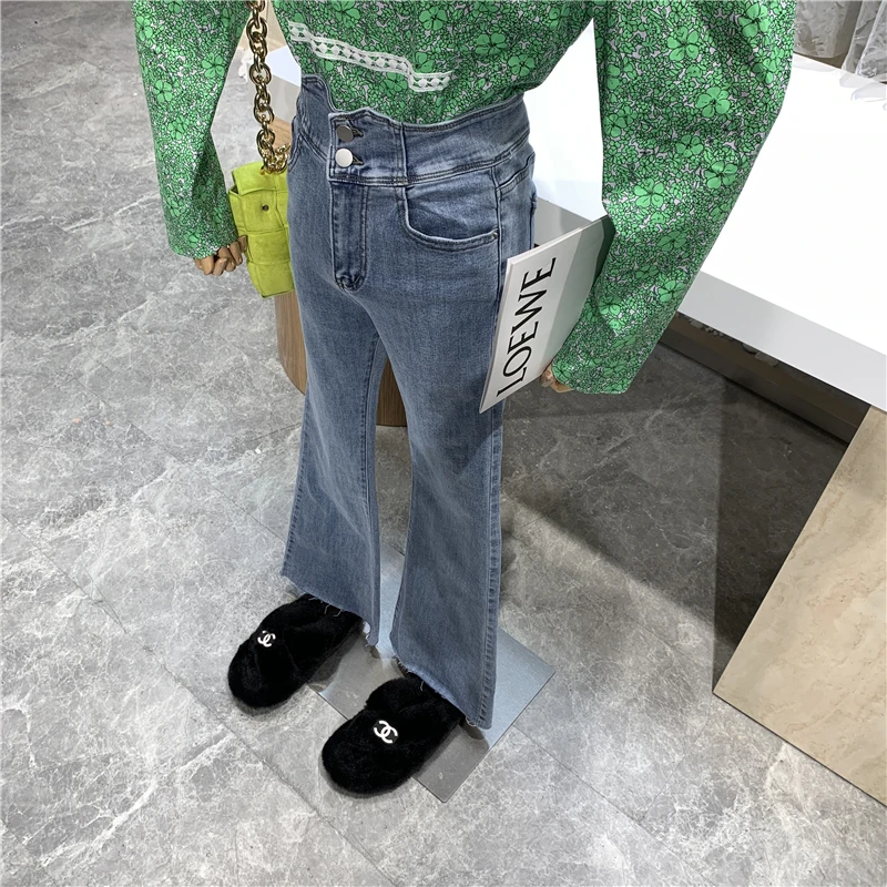 

Design Sense Of High Waist Two Buckle Elastic Jeans Feminine Lift Hips Show Thin Fur-edge Wide Leg Pants Niche Design