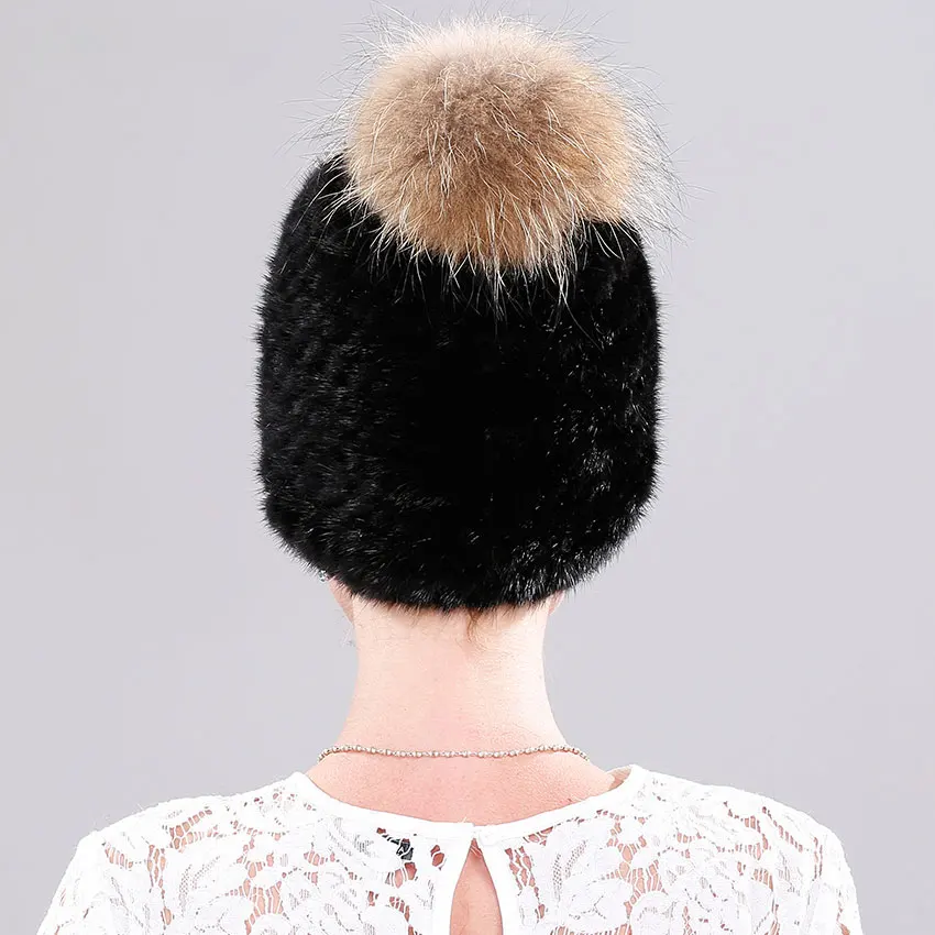 ICYMI Mink Fur Baseball Cap for Women Fashionable Knitted Hat with Raccoon Pompom Top Patchwork Winter Girl | Аксессуары для