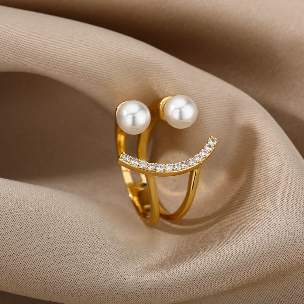 Винтажные открытые золотые кольца с имитацией жемчуга и улыбающимся лицом в