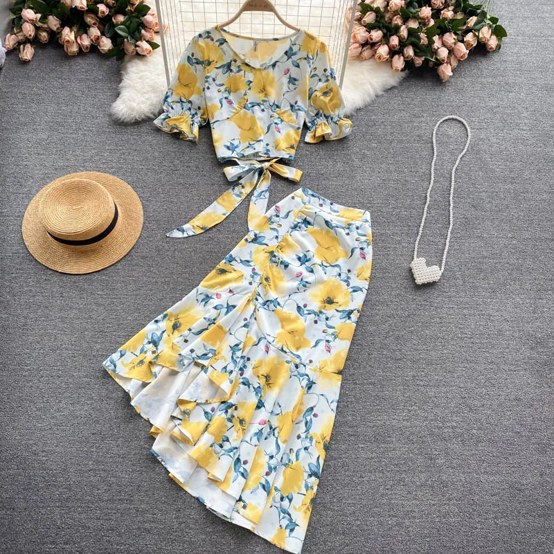 

2021 New Hit Summer Elegant Women Short Sleeve Floral Print Tops + Ruffles Asymmetric Skirt Two Piece Set Female Suits Outfit