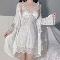 qweek satin sexy fairy dresses robe set woman 2 pieces silk sleepwear lace embroidery white exotic nightgown albornoces peignoir