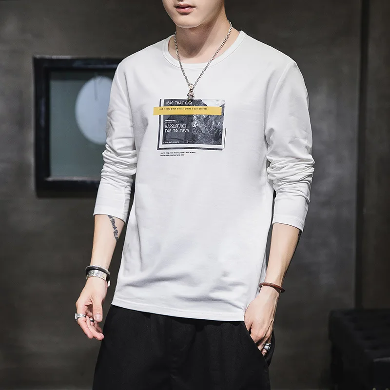 Spring and Autumn New men's printed long-sleeved T-shirt teen round neck bottom top fashion casual clothing new 2020 | Мужская