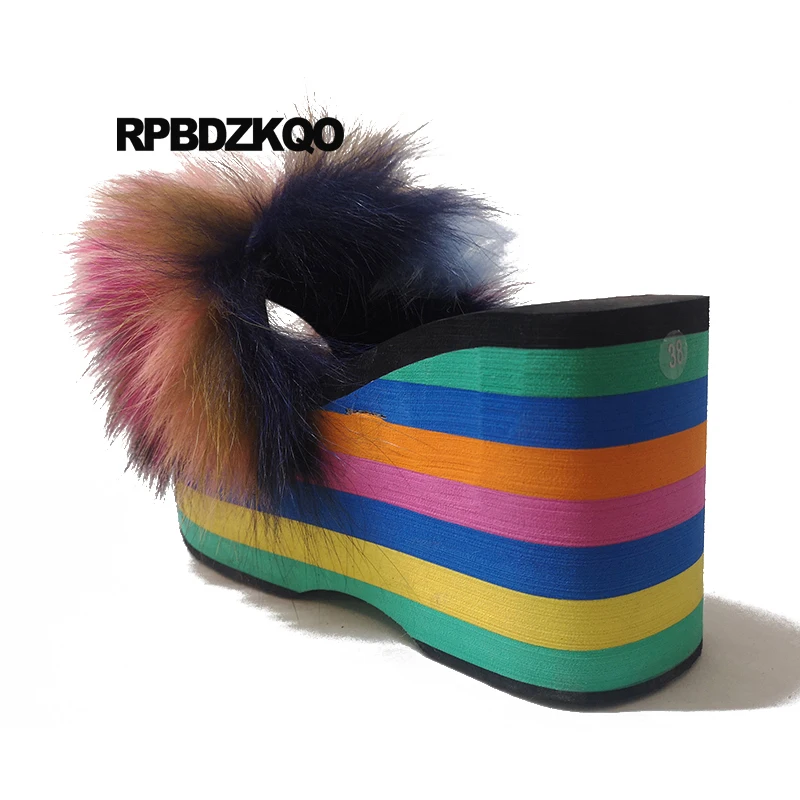 ВПП высокий каблук Flatform радуга открытый носок пушистый насосы с мехом обувь