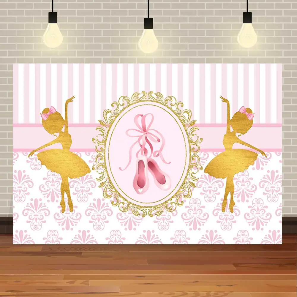 

NeoBack Happy Birthday Ballet Dancer Girl Princess Golden Pink Stripes Baby Shower Party Photo Backdrop Photography Background