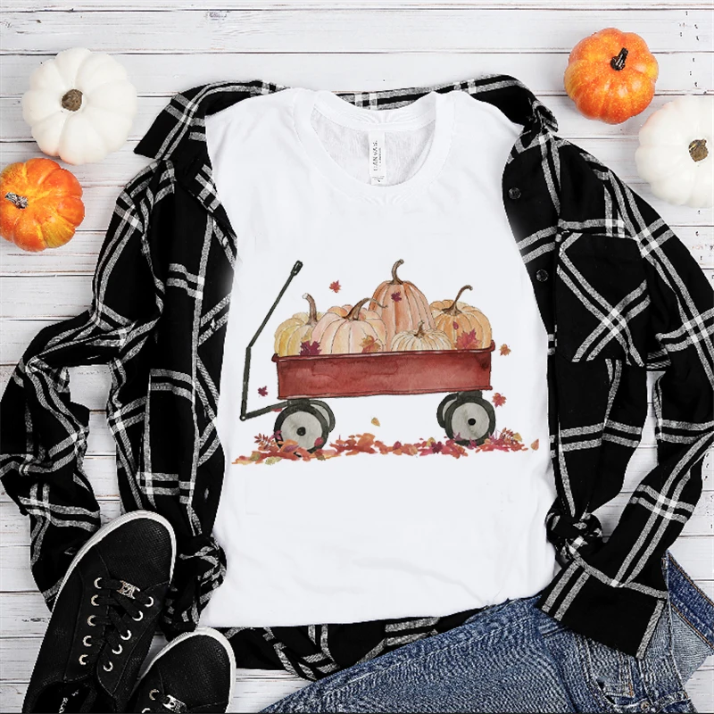 

2021 New Spring/Summer Halloween Pumpkin Car T-shirt Women's Tops T-shirts White Loose T-shirts Women's T-shirts