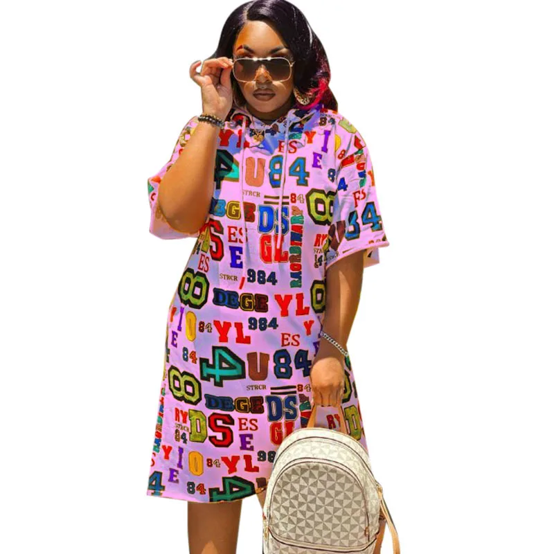 

SSEURAT Women Letter Print Hooded Dress Summer Casual Slim Loose Dresses Vestidos