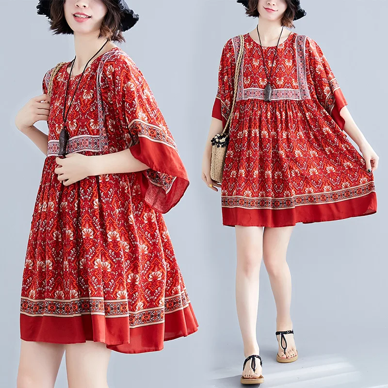 

Vintage Ethic Casual Short Dress Summer Women bating Sleeve A-Line Dresses High Waist o- neck Linen Ladies beach sundress 2021