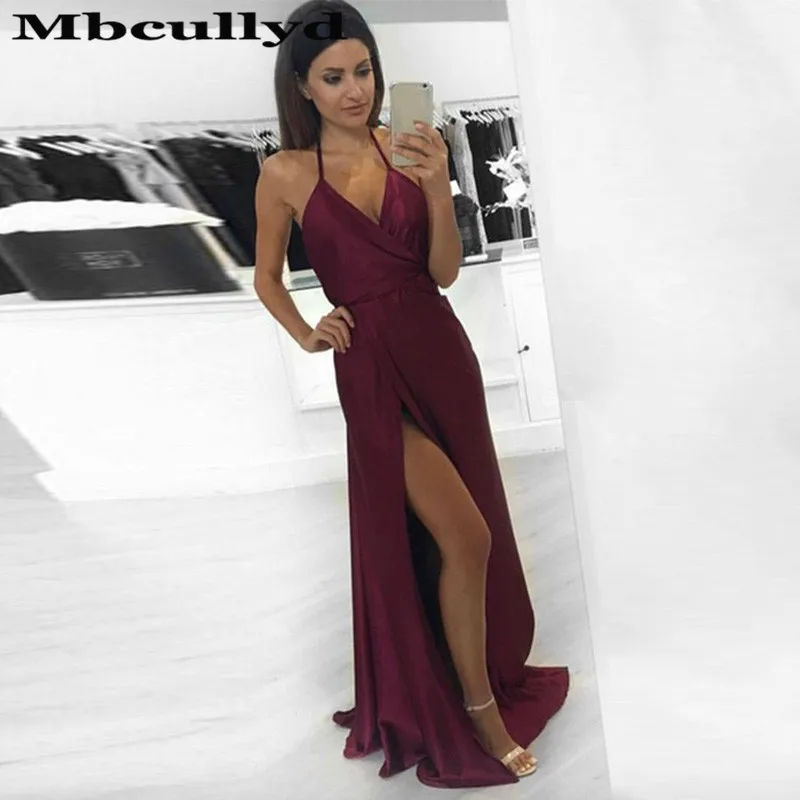 

Mbcullyd Sexy Halter Neck Prom Dresses Long With High Slit Africa Evening Dress For Women Backless vestidos de fiesta de noche