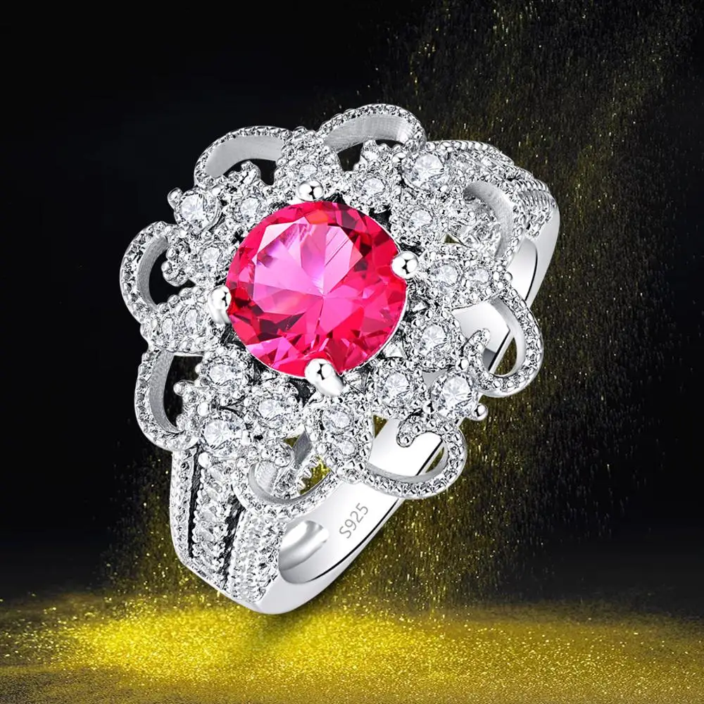 

J.C Round Cut Ruby Spinel & White Topaz 925 Sterling Silver Ring Size 6 7 8 9 Women Flower Cocktail Jewelry Gift