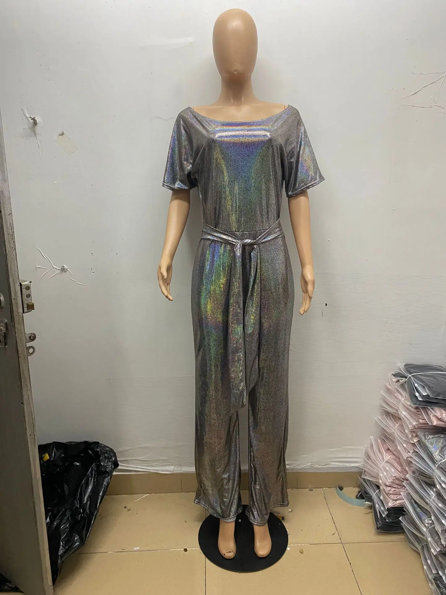 

2021 spring new sexy solid color party Jumpsuit fashion slim fit o-neck short sleeve women's shirt pants