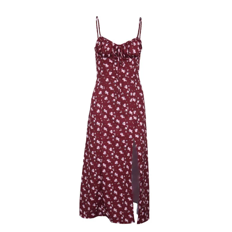 

Spain French Women Beach Party Dress Boho Sexy Spaghetti Strap Slit Chic Woman Dress Bohemian Maxi Long Print Floral Slip Dress