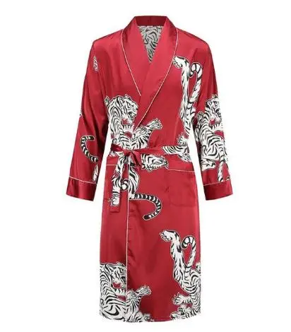 wine red tiger robe Шелковая ночная рубашка мужская летняя тонкий купальный халат Тигр Ночная рубашка свободная Свадебная robesilky с длинным рукавом Sleeprobe размера плюс домашняя одежда - Цвет: wine red tiger robe