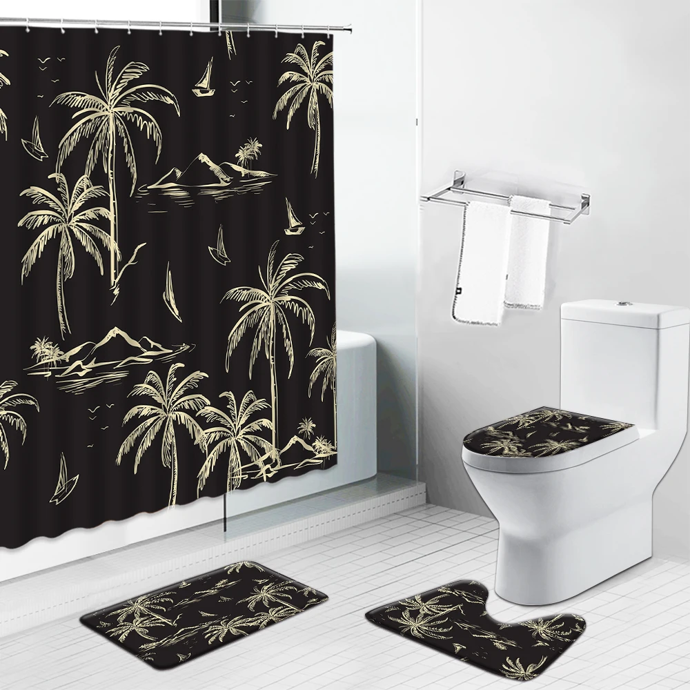 

Palm Trees Printed Shower Curtains Non-Slip Bath Mats Summer Tropical Plant Bathroom Decoration Set Rugs Toilet Lid Cover Carpet