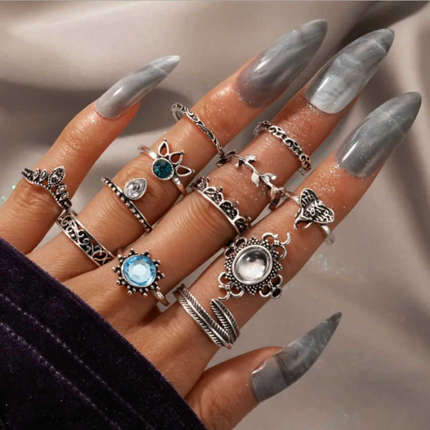

For Woman Rings Mix And Match Freely Vintage Knuckle BOHO Crystal Star Crescent Geometric Female Finger Ring Set Jewelry YG0009