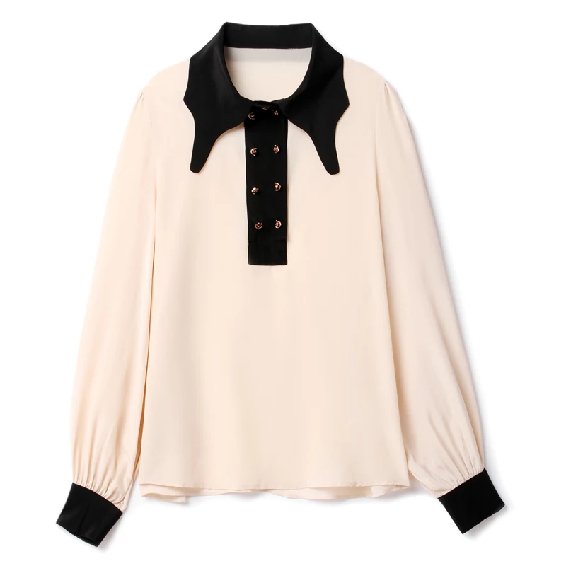 

100% Silk Women's Shirt Turn Down Collar Long Sleeves Patchwork Pullover Elegant Blouse Tops