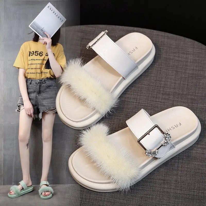 

2020 summer new style flat bottom all-match one-step sandals and slippers fairy wind plush slippers female outer wear X389