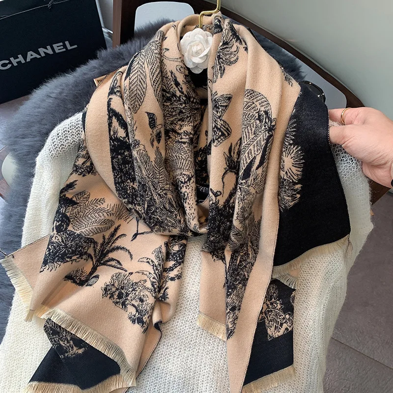 

2021 Floral Print Scarf for Women Warmer Winter Cashmere Pashmina Scarf Shawls Female Thick Blanket Wraps Foulard