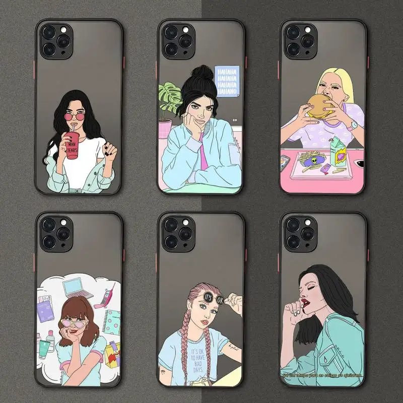 

Cartoon ins cool girl pattern Phone Case matte transparent For iphone 7 8 11 12 plus mini x xs xr pro max cover