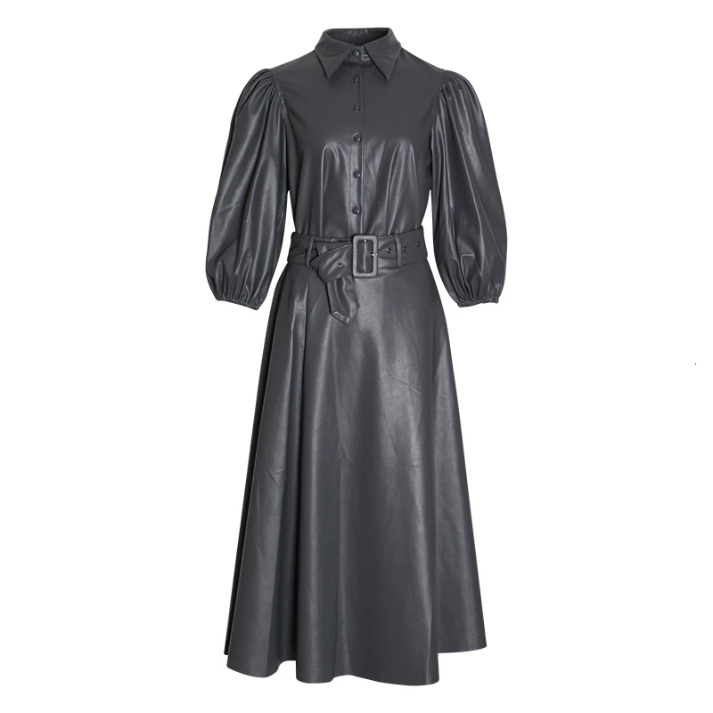 Gray TWOTWINSTYLE, комплект из 2 предметов из искусственной кожи для женщин, рубашки с буфами на рукавах, юбки высокого пояса, женские костюмы, осень, модная новинка - Цвет: Gray