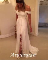 a line sweepbrush floor length off the shoulder split front ruched beach wedding dress 2021