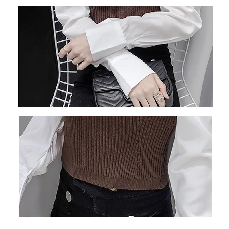 

Autumn Korean Clothes Temperament Lapel Women's Blouse Knitting Patchwork Tops Mujer Ruched Puff Long-Sleeve Pullovers Tunic